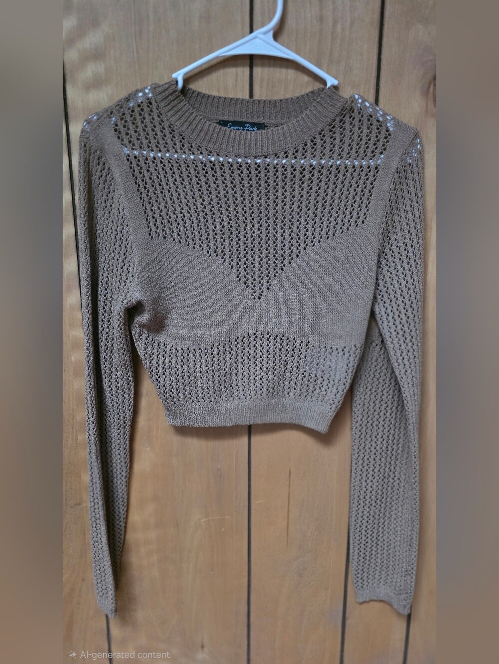 Emory Park Cropped Open Knit Sweater Taupe Long Sleeve Crochet Pullover Size M.